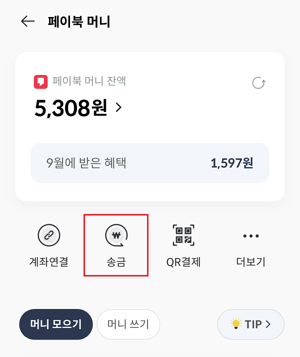 페이북 앱 - 페이북 머니 관리 화면